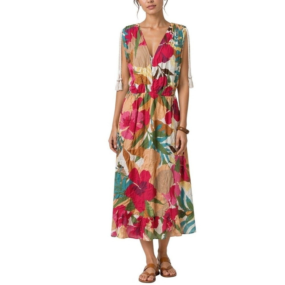 True Destinations Floral Maxi Dress Large Pink Tropical V-Neck Tassel Rayon L